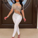 Sexy ver através de malha de strass bodycon macacão feminino verão Macacão de manga longa corpo festa de aniversário roupas de clube bodysuit