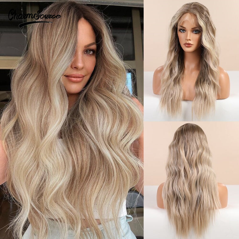 Cabelo Loiro Corpo Ondulado Front Lace Perucas Sintético para Branco Preto Mulheres Uso Diário Peruca de Alta Densidade CharmSource Long Brown Ombré