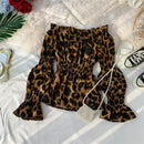 Moda Coreana Sexy Slash Neck Leopard Chiffon Blusa Feminina Primavera Outono Fora do Ombro Slim Fit Camisa Selvagem Top