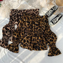 Moda Coreana Sexy Slash Neck Leopard Chiffon Blusa Feminina Primavera Outono Fora do Ombro Slim Fit Camisa Selvagem Top