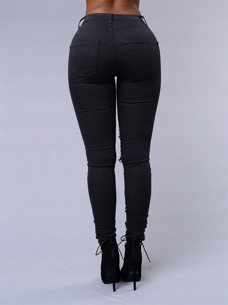 Calças elásticas preto e branco rasgado jeans moda sexy skinny denim lápis