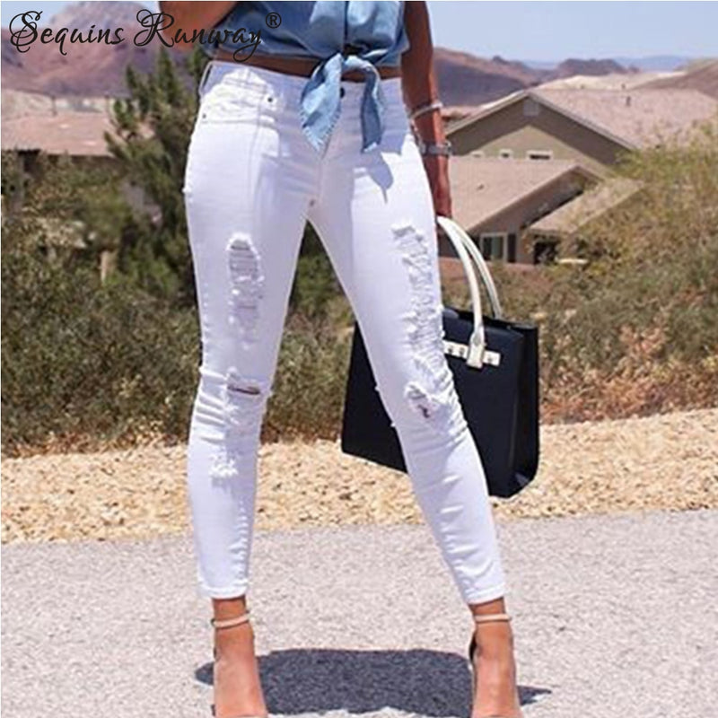 calça lápis mulher cintura alta leggings mom jeans roupas vintage calças jeans Sexy Hole white streetwear mulher namorado jeans