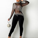 Sexy ver através de malha de strass bodycon macacão feminino verão Macacão de manga longa corpo festa de aniversário roupas de clube bodysuit