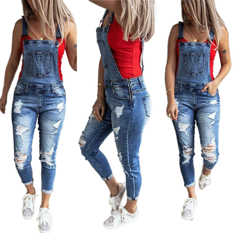 Macacões Jean Hole Moda Feminina Senhoras Baggy Jeans Jeans Babete Comprimento Total Total Sólido Solto Causal Macacão Calça Playsuit