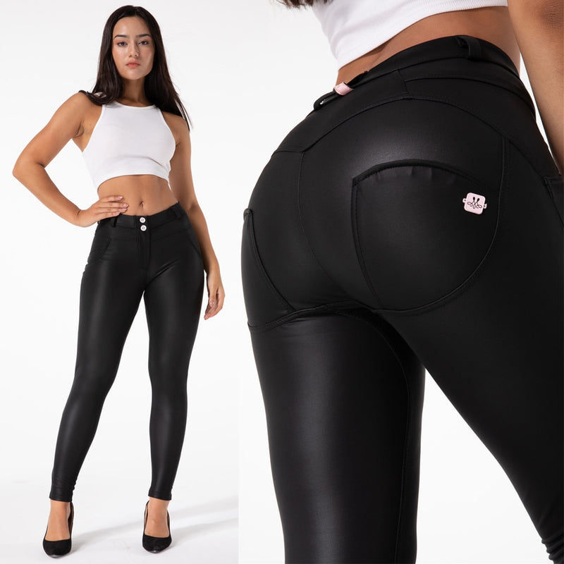 Calças femininas Fitness Pu Feminino Leggings de couro gótico Booty Push Up Melody Leggings pretas foscas Scrunch Bum Esporte Mulheres