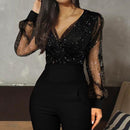 Macacão feminino de malha com decote em V plissado cintura alta de renda transparente macacão manga bufante macacão feminino de escritório fino outono