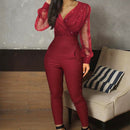 Macacão feminino de malha com decote em V plissado cintura alta de renda transparente macacão manga bufante macacão feminino de escritório fino outono