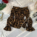 Moda Coreana Sexy Slash Neck Leopard Chiffon Blusa Feminina Primavera Outono Fora do Ombro Slim Fit Camisa Selvagem Top