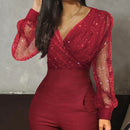 Macacão feminino de malha com decote em V plissado cintura alta de renda transparente macacão manga bufante macacão feminino de escritório fino outono