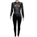 Sexy ver através de malha de strass bodycon macacão feminino verão Macacão de manga longa corpo festa de aniversário roupas de clube bodysuit