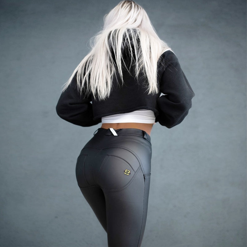 Calças femininas Fitness Pu Feminino Leggings de couro gótico Booty Push Up Melody Leggings pretas foscas Scrunch Bum Esporte Mulheres