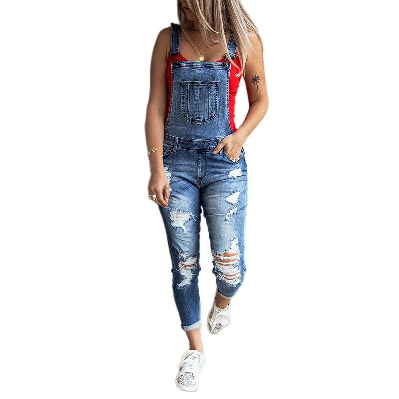 Macacões Jean Hole Moda Feminina Senhoras Baggy Jeans Jeans Babete Comprimento Total Total Sólido Solto Causal Macacão Calça Playsuit