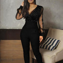 Macacão feminino de malha com decote em V plissado cintura alta de renda transparente macacão manga bufante macacão feminino de escritório fino outono