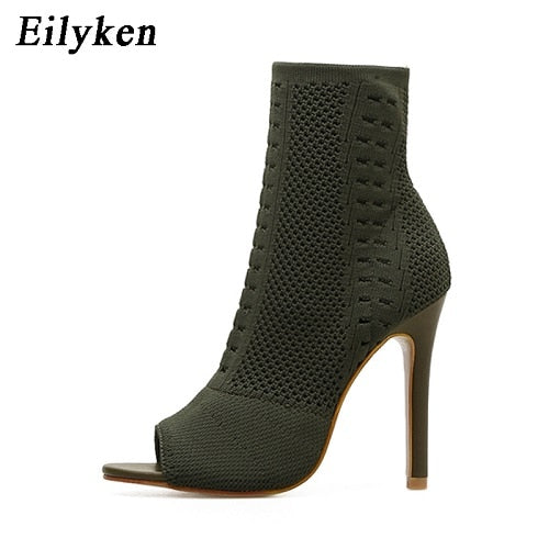 Eilyken verde tricô elástico meias femininas botas de tornozelo salto aberto dedo do pé salto alto moda feminina bombas sapatos de dança