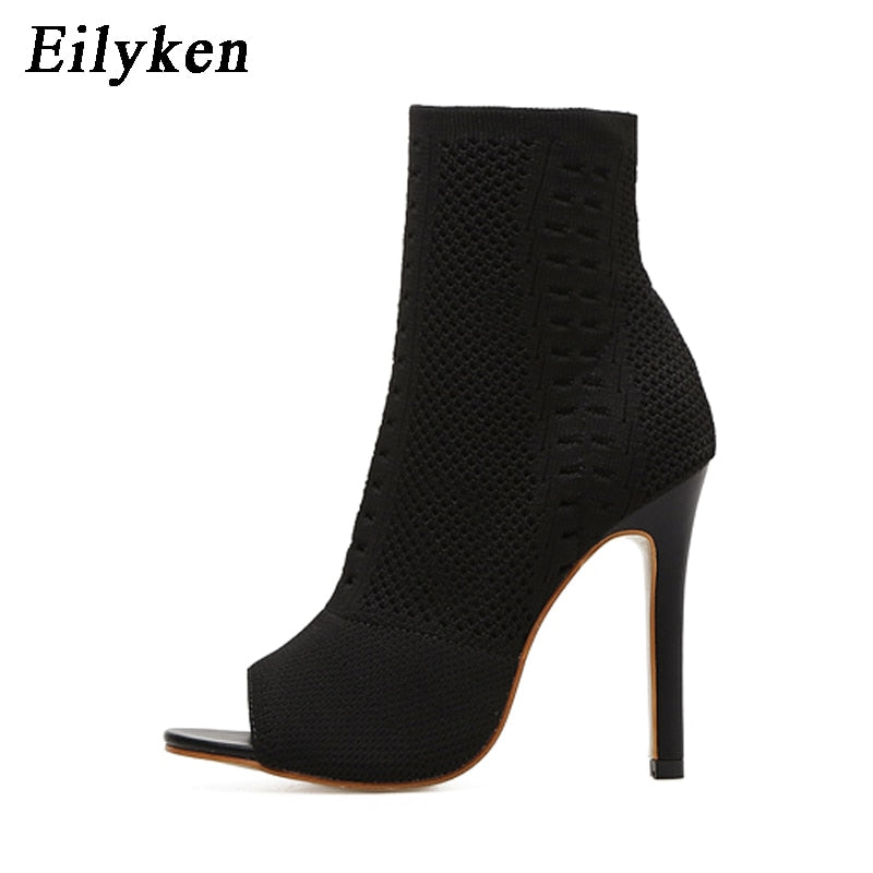 Eilyken verde tricô elástico meias femininas botas de tornozelo salto aberto dedo do pé salto alto moda feminina bombas sapatos de dança