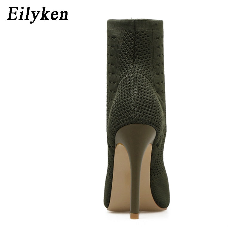 Eilyken verde tricô elástico meias femininas botas de tornozelo salto aberto dedo do pé salto alto moda feminina bombas sapatos de dança