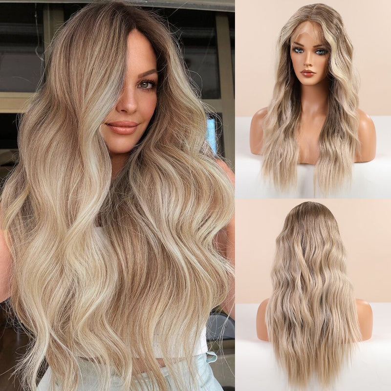 Cabelo Loiro Corpo Ondulado Front Lace Perucas Sintético para Branco Preto Mulheres Uso Diário Peruca de Alta Densidade CharmSource Long Brown Ombré