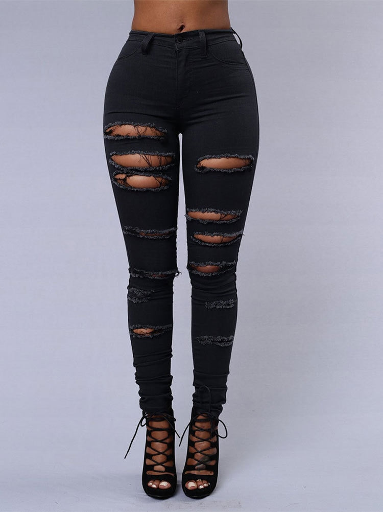 Calças elásticas preto e branco rasgado jeans moda sexy skinny denim lápis