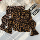 Moda Coreana Sexy Slash Neck Leopard Chiffon Blusa Feminina Primavera Outono Fora do Ombro Slim Fit Camisa Selvagem Top