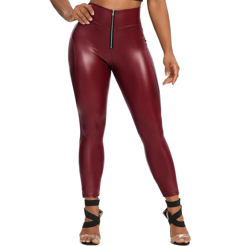 Leggings de cintura alta com zíper para mulheres pretas push up leggins femininas sexy booty stretch calças esportivas finas pu couro legging feminino