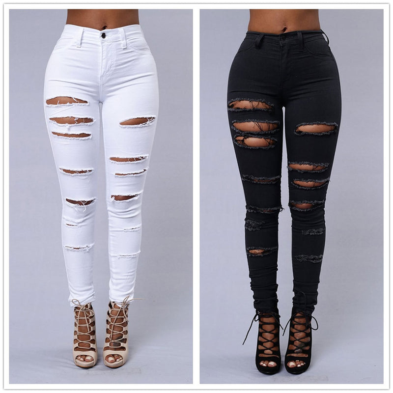 Calças elásticas preto e branco rasgado jeans moda sexy skinny denim lápis