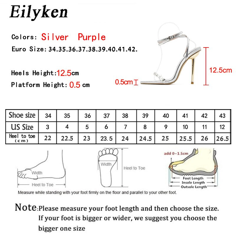 Eilyken New Crystal Sexy Sandálias Femininas Metal Salto Alto Fivela Cinta Gladiador Bombas Senhoras Stiletto Boate Sapatos de Festa