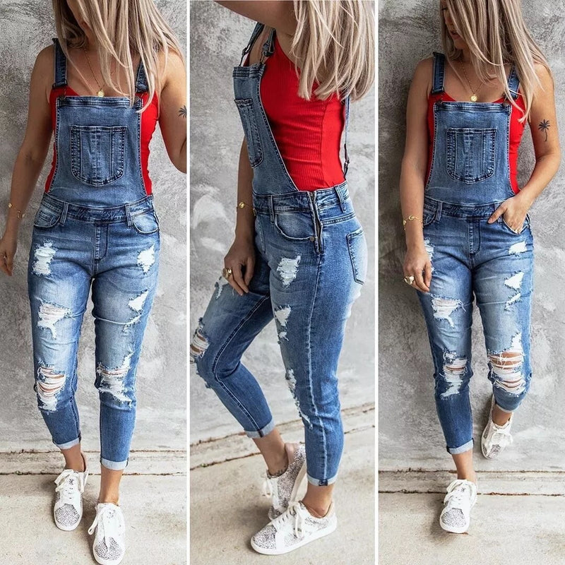 Macacões Jean Hole Moda Feminina Senhoras Baggy Jeans Jeans Babete Comprimento Total Total Sólido Solto Causal Macacão Calça Playsuit