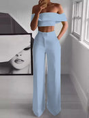 Conjunto de Duas Peças Feminino Sexy Short Top Calças Largas Outfits Femme Streetwear Slash Neck Shirt Pant Terno