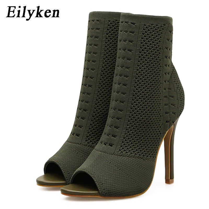 Eilyken verde tricô elástico meias femininas botas de tornozelo salto aberto dedo do pé salto alto moda feminina bombas sapatos de dança