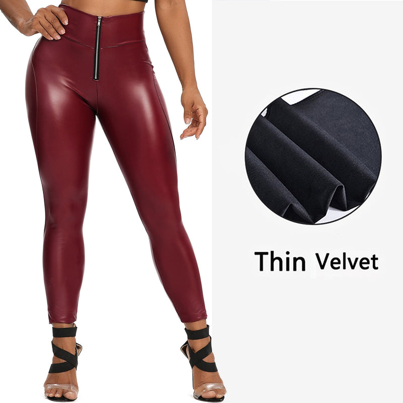 Leggings de cintura alta com zíper para mulheres pretas push up leggins femininas sexy booty stretch calças esportivas finas pu couro legging feminino