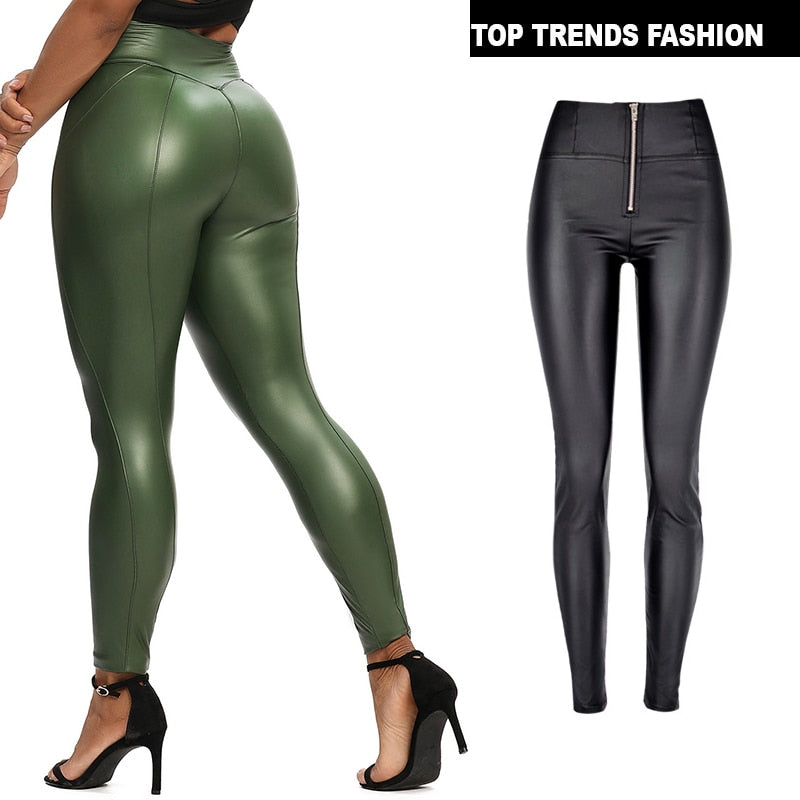 Leggings de cintura alta com zíper para mulheres pretas push up leggins femininas sexy booty stretch calças esportivas finas pu couro legging feminino