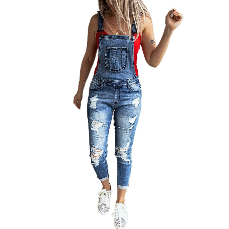 Macacões Jean Hole Moda Feminina Senhoras Baggy Jeans Jeans Babete Comprimento Total Total Sólido Solto Causal Macacão Calça Playsuit