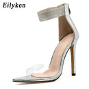 Sandálias femininas de tira de tornozelo de cristal Eilyken dedo aberto PVC zíper fino sandálias de salto alto feminino sapatos femininos verão