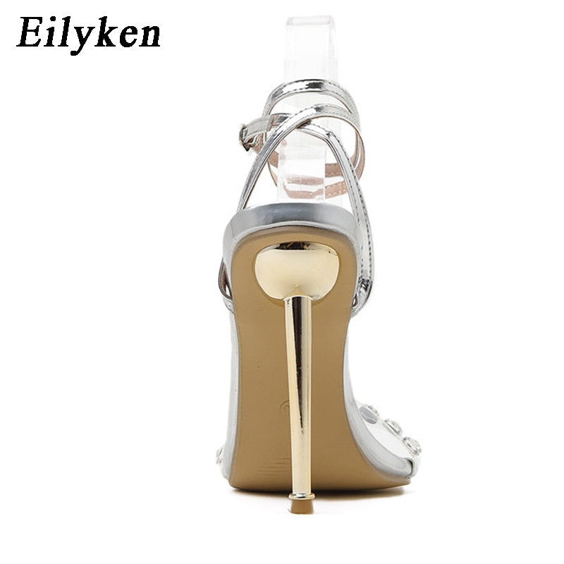 Eilyken New Crystal Sexy Sandálias Femininas Metal Salto Alto Fivela Cinta Gladiador Bombas Senhoras Stiletto Boate Sapatos de Festa