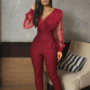 Macacão feminino de malha com decote em V plissado cintura alta de renda transparente macacão manga bufante macacão feminino de escritório fino outono