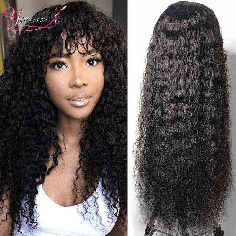 Perucas de cabelo humano com franja Perucas de água encaracoladas Perucas brasileiras de cabelo humano Remy de ondas de água feitas à máquina com franja natural