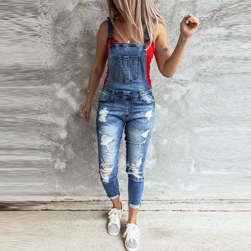 Macacões Jean Hole Moda Feminina Senhoras Baggy Jeans Jeans Babete Comprimento Total Total Sólido Solto Causal Macacão Calça Playsuit