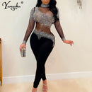 Sexy ver através de malha de strass bodycon macacão feminino verão Macacão de manga longa corpo festa de aniversário roupas de clube bodysuit