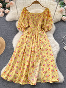 Vestido Feminino Moda Romântica Estampado Floral Dividido Longo Vestido de Verão Manga Puff