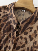 Camisa Feminina Vintage Chiffon Estampada Leopardo Gola com Lapela Manga Comprida Abotoamento Único Casual Chique Camisa Feminina Feminina Top