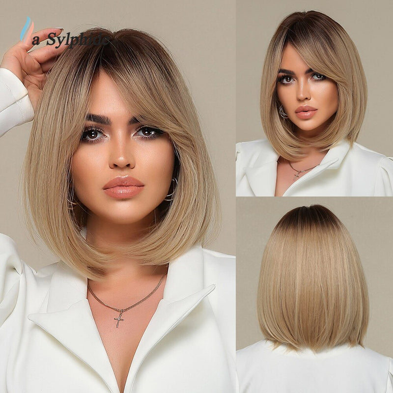 Peruca com Franja Natural Woman Wigs Daily Party Lolita Curto Perucas Cabelo Resistente ao Calor