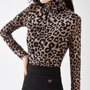 Moda fina feminina gola alta leopardo estampado tops outono inverno velo manga longa vintage casual t-shirt roupas femininas