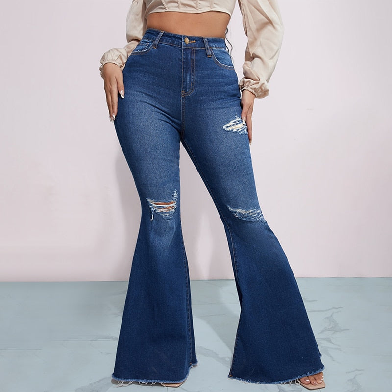 Calça flare retrô streetwear nova calça jeans casual azul escuro boca de sino jeans Moda feminina jeans cintura alta mom rasgada