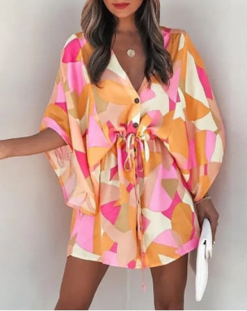 Vestido Boho de Verão Feminino Casual Estampado Flora Manga Batwing Vestido com Cadarço Sexy Decote em V Solto Senhoras Praia Minivestido Vestido