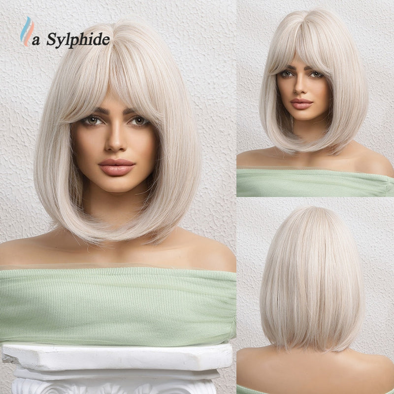 Peruca com Franja Natural Woman Wigs Daily Party Lolita Curto Perucas Cabelo Resistente ao Calor