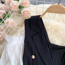 Macacão FTLZZ Novo Verão Irregular Feminino Design Contraste Manga Puff Slim Macacão Shorts Cintura Alta Macacão Perna Larga