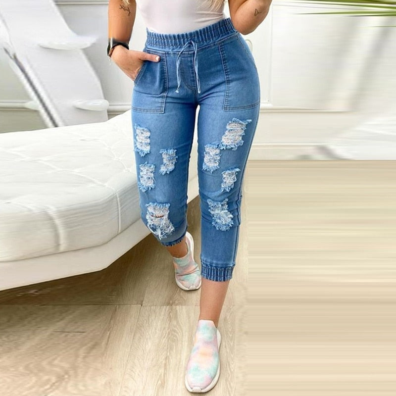 Calça jeans skinny cor sólida casual cintura elástica com bolso rasgado jeans skinny