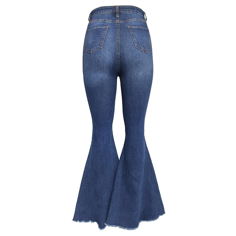 Calça flare retrô streetwear nova calça jeans casual azul escuro boca de sino jeans Moda feminina jeans cintura alta mom rasgada