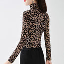 Moda fina feminina gola alta leopardo estampado tops outono inverno velo manga longa vintage casual t-shirt roupas femininas