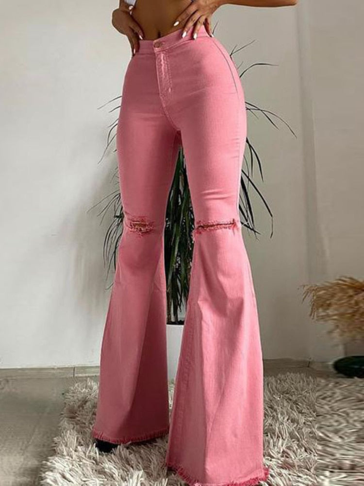 calças jeans femininas coloridas de alta elasticidade  Jeans feminino primavera e verão levantamento de bumbum, rasgado, calça larga com borda crua